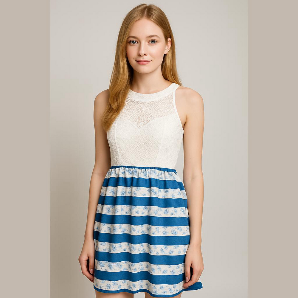 Rare Editions Girl's Ivory Lace and Blue Floral High-Low Dress